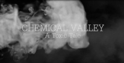 'CHEMICAL VALLEY' is written in white text, with 'A Toxic Tale' written below it, and smoke behind the text on a grey background.