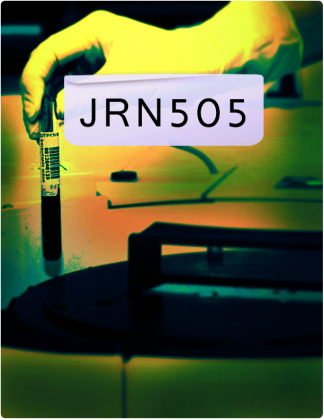 JRN 505 is written in black text, with a hand in a glove holding a tube in the background.