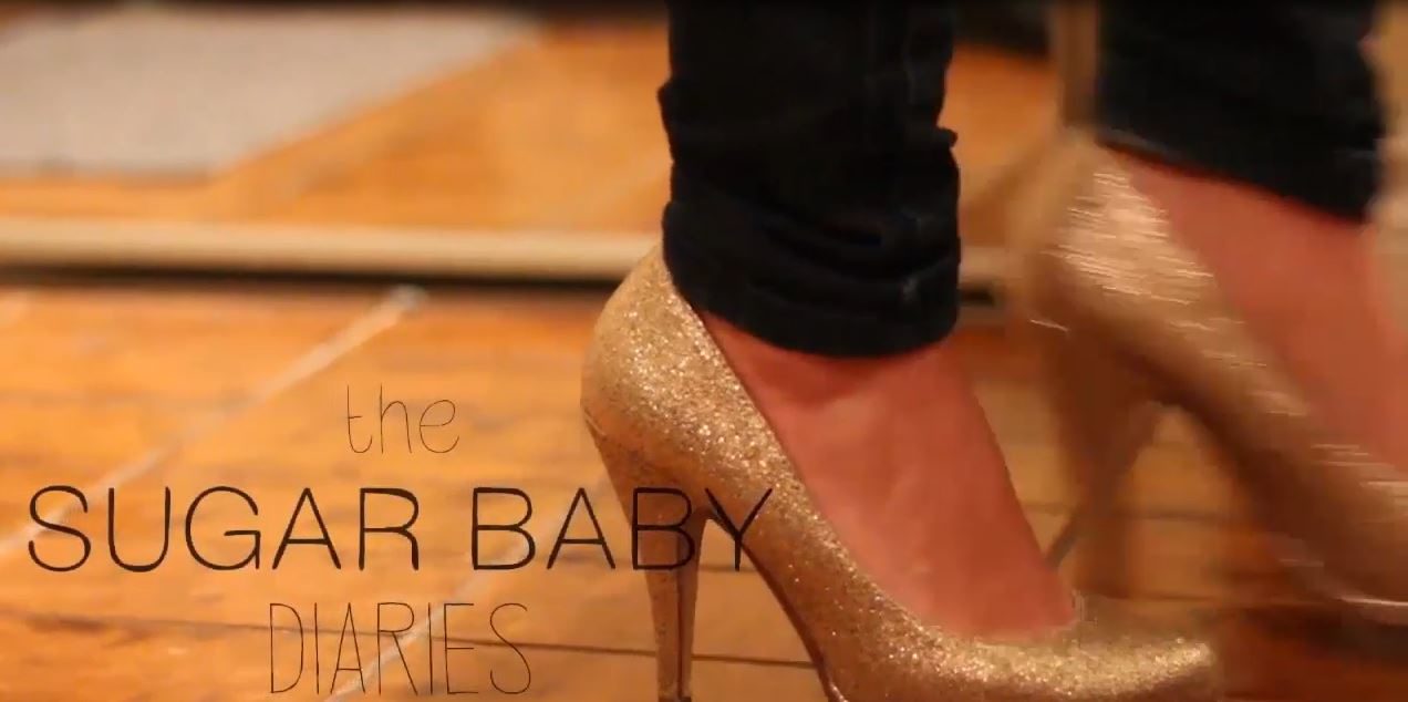 A photo of someone wearing gold heels, with 'the SUGAR BABY DIARIES' in black text in the bottom left corner.
