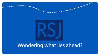'RSJ' is written in blue font, with 'Wondering what lies ahead?' in white font underneath. The photo has a blue background.