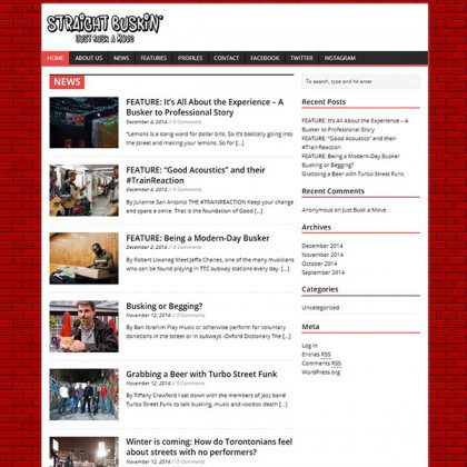 A homepage of a site titled 'Straight Buskin' with several articles below.