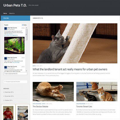 A homepage of a site titled 'Urban Pets T.O.' which displays several articles.