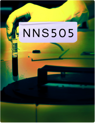 NNS 505 is written in black text, with a hand in a glove holding a tube in the background.