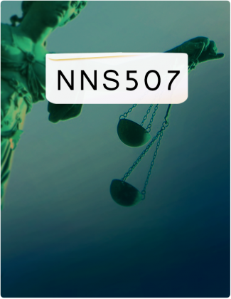 NNS 507 is written in black text, with a green statue holding a scale in the background.