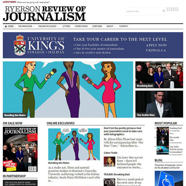 The Ryerson Review of Journalism's homepage, with several articles below.