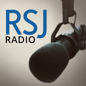 'RSJ' is written in blue text, with 'RADIO' directly underneath in black text. A microphone is to the right of the letters.
