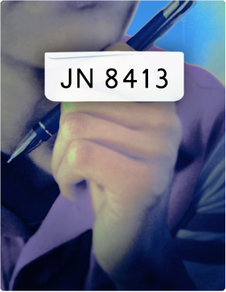 JN8413 written in black text, with a hand holding a pen in the background.